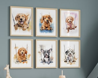 Nursery Room Wall Art Swinging Puppy Dogs 10 Prints Smiling Dogs for Puppy themed Baby&#39;s Room Lab Frenchie Dalmation Dachshund -Downloadable