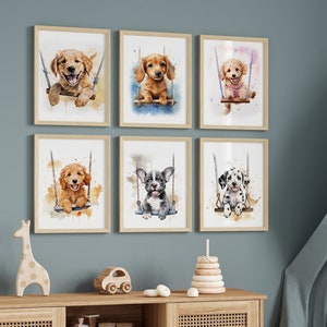Nursery Room Wall Art Swinging Puppy Dogs 10 Prints Smiling Dogs for Puppy themed Baby&#39;s Room Lab Frenchie Dalmation Dachshund -Downloadable