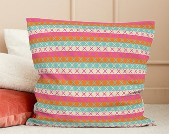 Pink Orange Striped Square Pillow, Colorful Boho Dorm Room Accent Pillow