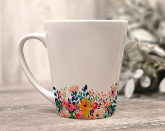 Floral Latte Mug, Trendy Colorful Flower Design