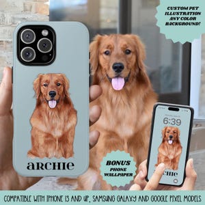 Funda de teléfono personalizada con retrato de mascota: ilustración de perro y gato + fondo de pantalla a juego