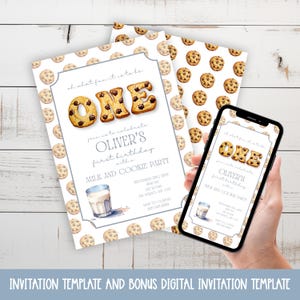 Milk and Cookie 1st Birthday Invitation: Canva Template (Digital Download)