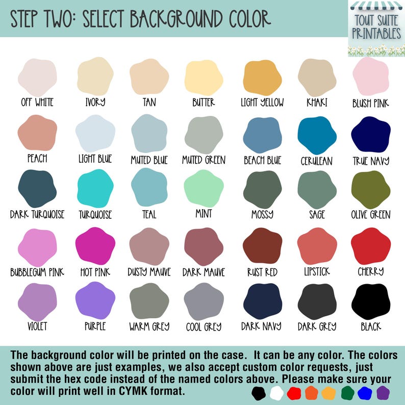 Pu&ograve; includere: Una tabella colori con 36 opzioni di colore di sfondo per un prodotto. I colori vanno dal bianco sporco al nero, inclusi toni di rosa, blu, verde e marrone. Il testo in alto recita "STEP TWO: SELECT BACKGROUND COLOR".