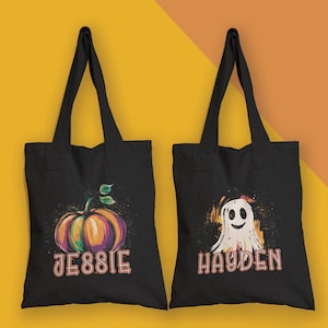 Personalized Trick or Treat Bag, Cute Pumpkin or Ghost Design, Painted Design, Customize with Name, Black Cotton Canvas Tote Bag for Kids