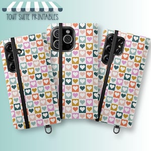 Funda tipo cartera con diseño de corazón, compatible con iPhone 12, 13, 14, 15 y 16. Compatible con Samsung Galaxy S21, S22, S23, S24 y S25.