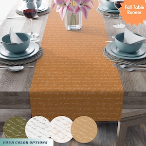 Fall Table Runner: Cozy Autumn Words, Green, Orange, White Trendy Minimalist Design