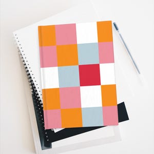 Hardback Journal - Retro Checkered, Hot Pink, Orange, light Blue - un-lined Blank Journal 128 pages - home office decor, desk accessories