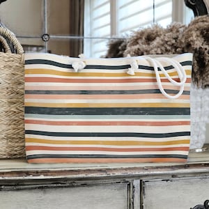 Striped Weekender Bag | Beach Bag | Tote Bag | Orange, Pink, Yellow, and Grey Stripes