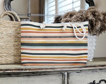 Bolso de fin de semana a rayas / Bolso de playa / Bolso tote / Rayas naranjas, rosas, amarillas y grises