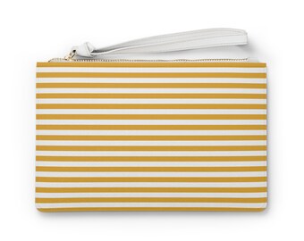 Geel gestreepte clutch portemonnee | Handtasje | Kleine clutch portemonnee | Gele en witte strepen | Clutch portemonnee met polsband