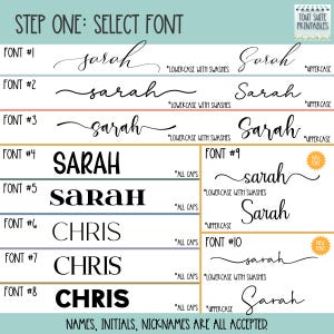 Pu&ograve; includere: Immagine che mostra le opzioni di carattere per nomi, iniziali e soprannomi. Il testo recita "Passo Uno: Seleziona il carattere" e mostra vari stili di carattere per i nomi "Sarah" e "Chris" in maiuscolo e minuscolo.