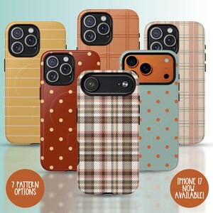 May include: A collection of seven iPhone cases with various patterns, including stripes, plaid, and polka dots. The cases feature colors like orange, brown, and teal. The text "7 Pattern Options" and "iPhone 17 Now Available!" are also visible.