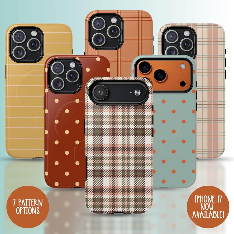 May include: A collection of seven iPhone cases with various patterns, including stripes, plaid, and polka dots. The cases feature colors like orange, brown, and teal. The text "7 Pattern Options" and "iPhone 17 Now Available!" are also visible.