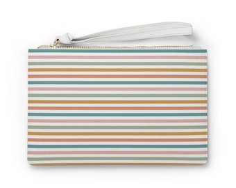 Beachy Boho gestreepte clutch portemonnee | Handtasje | Kleine clutch portemonnee | Blauwe, roze, groene, gele strepen | Clutch portemonnee met polsband