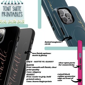 Pu&ograve; includere: Esposizione di custodie per telefoni con il nome "Michelle" in corsivo. Le custodie sono disponibili in finiture opache e lucide, con un cerchio magnetico rialzato e un bordo protettivo. L'immagine include anche il testo "TOUT SUITE PRINTABLES".