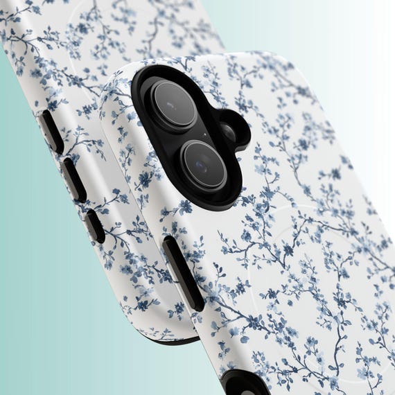 ブルートワルマグネット式スマホケース、ブルー＆ホワイトの花柄
