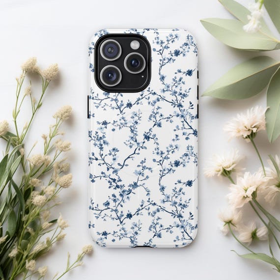 花柄デザイン iPhone14ケース マグネット式 ブルートワルマグネット式スマホケース、ブルー＆ホワイトの花柄
