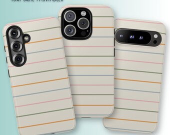 May include: Three phone cases with a cream-colored background and horizontal stripes in various colors, including orange, pink, green, and blue. The cases are for different phone models. The text "TOUT SUITE PRINTABLES" is at the top.