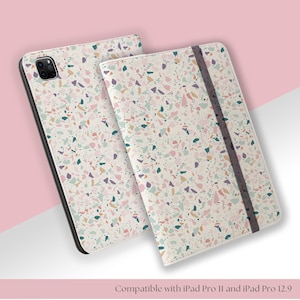Funda tipo folio para iPad Pro, diseño de terrazo en tonos pastel rosa, morado y azul, piel sintética vegana, compatible con iPad Pro 11 y iPad Pro 12.9