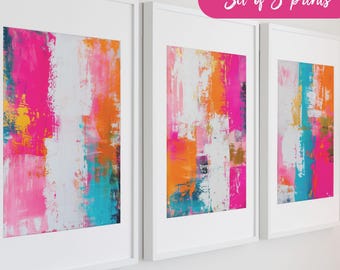Abstract Wall Art, Digital Art Downloads, Hot Pink Teal Orange Abstract Pattern Colorful Prints, Printable Abstract Painting set of 3 prints