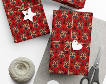 Papel de regalo con diseño de pastor alemán. Papel de regalo perfecto para Navidad, fiestas y el invierno.