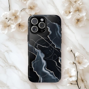 Black Marble Tough Magnetic Cases for iPhone - Minimalistic Marble Design, Black and white marble, compatible with iphone 14, 15, 16 models