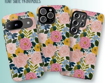 Floral Phone Case, Flower Painting Tough Phone Case, compatible with iphone 13 14 15 16 17 Samsung Galaxy, Google Pixel