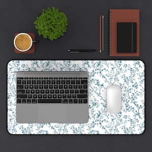 Blaue Toile Schreibtischmatte, Blaugrün und weiße Blumen-Design, Bürodekoration, große Mauspad, Computerzubehör, Arbeit von zu Hause aus