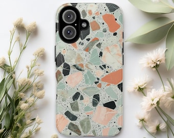 Terrazzo Tough Phone Case, Mint Blue, Orange, Peach, and Black pattern, Compatible with iphone 13 14 15 16, Samsung galaxy, google pixel