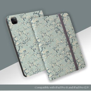 Funda tipo folio para iPad Pro, hermoso patrón de tela chinoiserie toile en verde azulado, piel sintética vegana, compatible con iPad Pro 11 y iPad Pro 12.9