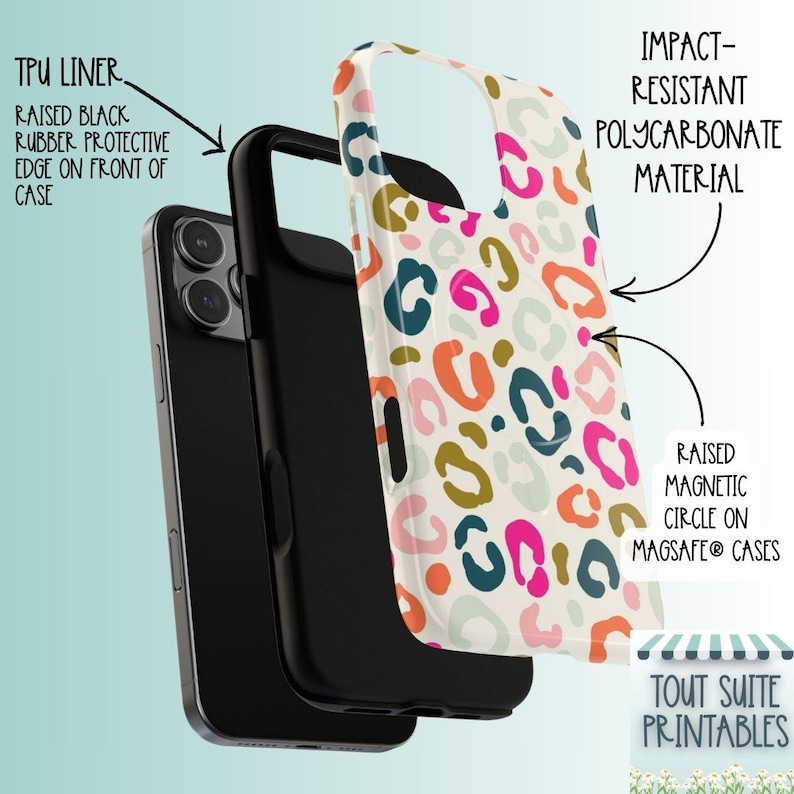 Puede incluir: Una funda para tel&eacute;fono con estampado de leopardo multicolor, que cuenta con un forro de TPU negro, un borde protector de goma negra elevado y una carcasa exterior de policarbonato resistente a impactos con un c&iacute;rculo magn&eacute;tico.