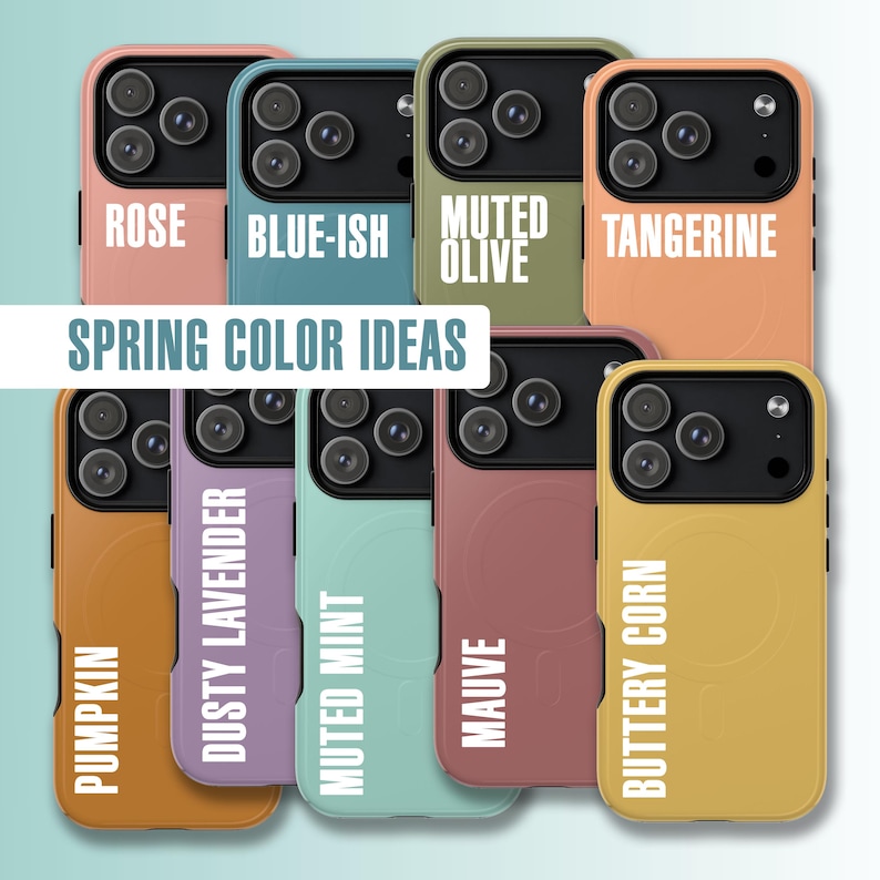Pu&ograve; includere: Una collezione di custodie per telefoni colorate nei toni rosa, bluastro, oliva tenue, mandarino, zucca, lavanda polverosa, menta tenue, malva e mais burroso. Il testo "SPRING COLOR IDEAS" &egrave; presente.