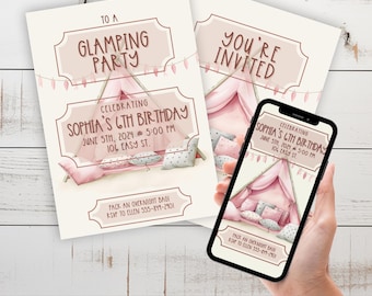 Invito per festa di compleanno in campeggio, invito per festa di glamping, modello di invito Canva 5x7 / Download immediato / Invito di compleanno / Video bonus per dispositivi mobili