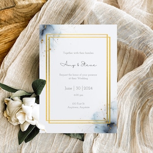 Lot de modèles sur toile de faire-part de mariage floral aquarelle rectangle bleu et or | Carte RSVP | Carte de remerciements, personnalisable, imprimable