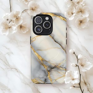 Marble Tough Magnetic Cases for iPhone - Minimalistic White and Gold Marble Striped Design, compatible with iphone 14, 15, 16 models