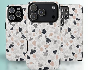 Schwarz-Weiß-Terrazzo-Handyhülle | Neutralgraues Marmormuster, iPhone Samsung Pixel kompatibel