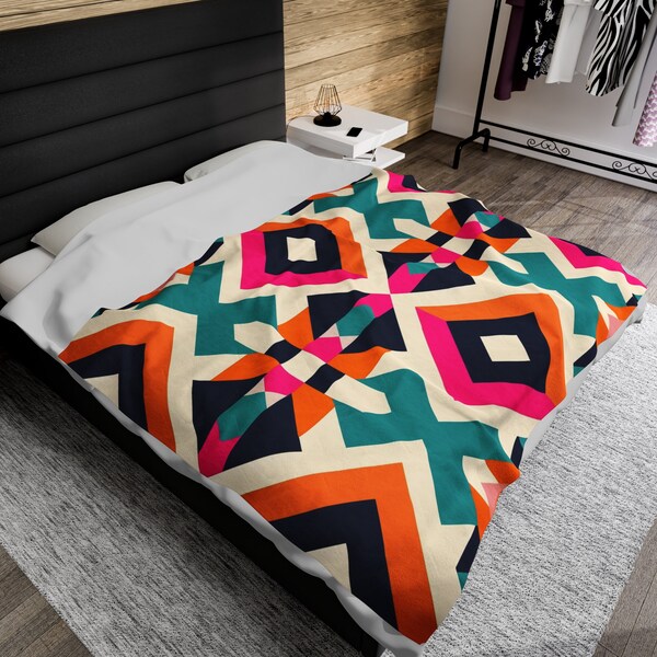 Blanket | bright Colorful Geometric Pattern #2 | Velveteen Plush Blanket | Bold Print Blanket | Cozy Blanket | Abstract Design