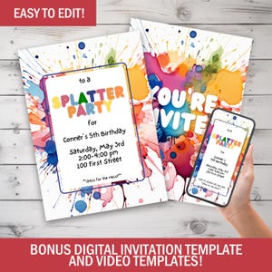 Splatter Paint Partyeinladung, Paint Birthday Party, Canva 5x7 Einladung Vorlage | Sofort Download, digitale Einladungskarte zum Geburtstag