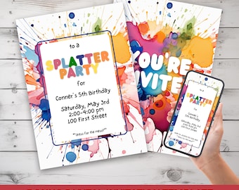 Invito per festa con schizzi di vernice, invito per compleanno con vernice, modello Canva 5x7, download immediato