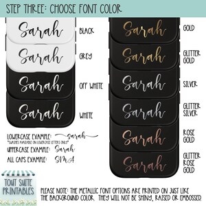 Pu&ograve; includere: Immagine che mostra le opzioni di colore del carattere per il nome "Sarah". A sinistra sono mostrati i colori nero, grigio, bianco sporco e bianco. A destra sono mostrati oro, oro glitterato, argento, argento glitterato, oro rosa e oro rosa glitterato. Vengono forniti anche esempi di testo.