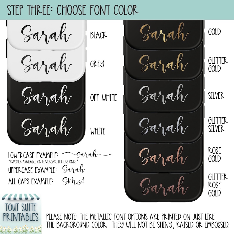 Pu&ograve; includere: Immagine che mostra le opzioni di colore del carattere per il nome "Sarah". A sinistra sono mostrati i colori nero, grigio, bianco sporco e bianco. A destra sono mostrati oro, oro glitterato, argento, argento glitterato, oro rosa e oro rosa glitterato. Vengono forniti anche esempi di testo.