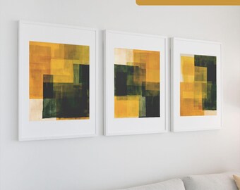 Yellow Green Abstract Art Prints: Set of 3 Digital Art Downloads