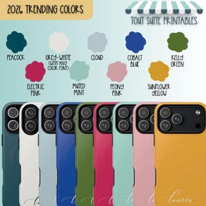 Pu&ograve; includere: Una collezione di custodie per telefoni colorate in varie tonalit&agrave;, tra cui pavone, rosa elettrico e giallo girasole. L'immagine presenta anche una tavolozza di colori con il testo "2026 Trending Colors" e "Tout Suite Printables".