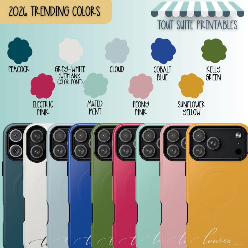 Pu&ograve; includere: Una collezione di custodie per telefoni colorate in varie tonalit&agrave;, tra cui pavone, rosa elettrico e giallo girasole. L'immagine presenta anche una tavolozza di colori con il testo "2026 Trending Colors" e "Tout Suite Printables".