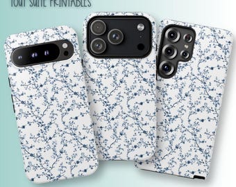 Capa resistente para celular com estampa floral Chinoiserie azul, compatível com iPhone, Samsung Galaxy e Google Pixel.