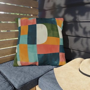 Colorblock Outdoor Pillow | Outdoor Pillows | All Weather Patio Pillows | Bold Bright colors | Colorblock Pattern, Yellow Teal Green Peach