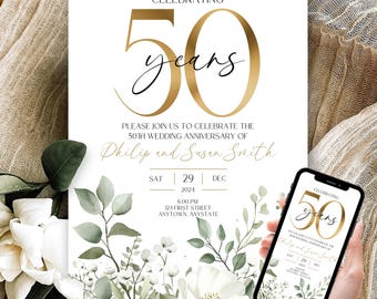 50th Anniversary Party Invitation, 20th, 30th, 40th, 60th Anniversary Canva 5x7 Editable Template, Instant Download, Bonus Phone Invite