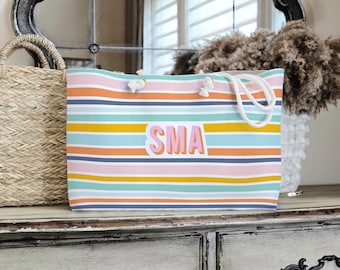Bolsa de playa a rayas personalizada: bolsa de viaje colorida para el fin de semana de verano.