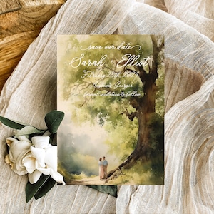 Watercolor Save the Date, Watercolor Couple under Oak Tree, Southern Wedding, Canva Template Instant Download Customizable Add your Photo 14