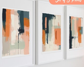 Abstract Wall Art, 3 Digital Art Downloads, Greens, Oranges, Grey, Neutral Abstract Pattern Colorful Prints for living room, set of 3 prints